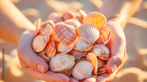 Close-up of a handful of seashells held against a sandy beach backdrop
