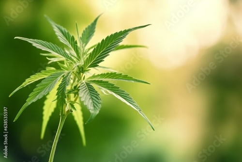 Closeup of marijuana plant, with a green leaf for medicine. Beautiful background with banner format and copy space. Cannabis plant panorama. Generative AI