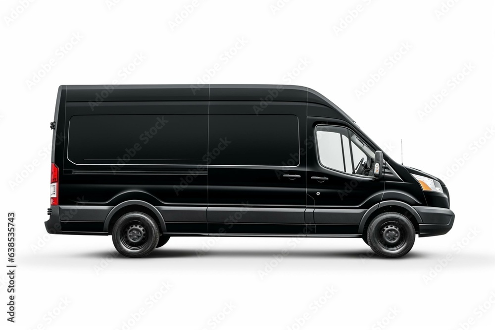 Side view of a contemporary American cargo minibus in black color, isolated on a white background. Generative AI