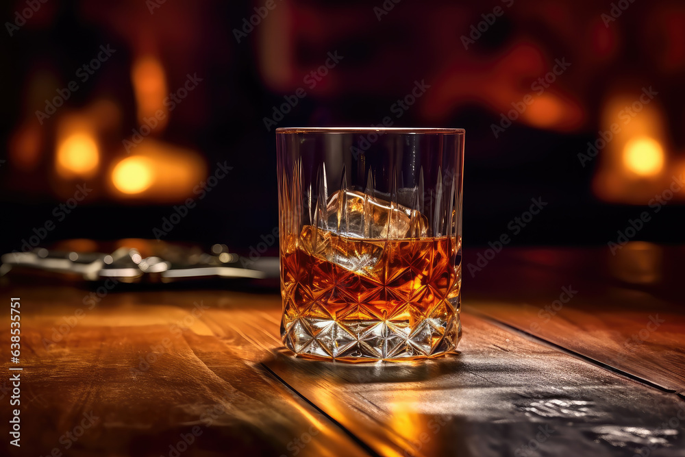 Glass of whiskey with ice on a wooden table in a bar Glass of whiskey with ice on a wooden table in a bar