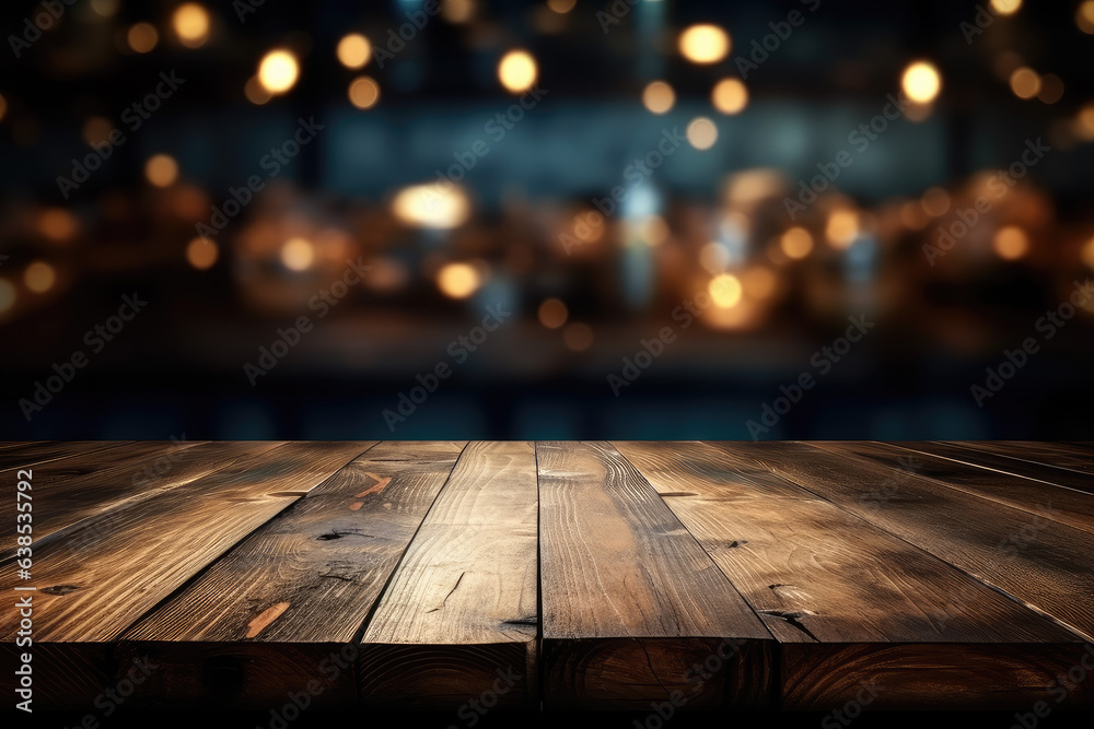 Empty wooden table and blurred background of bar with bokeh lights