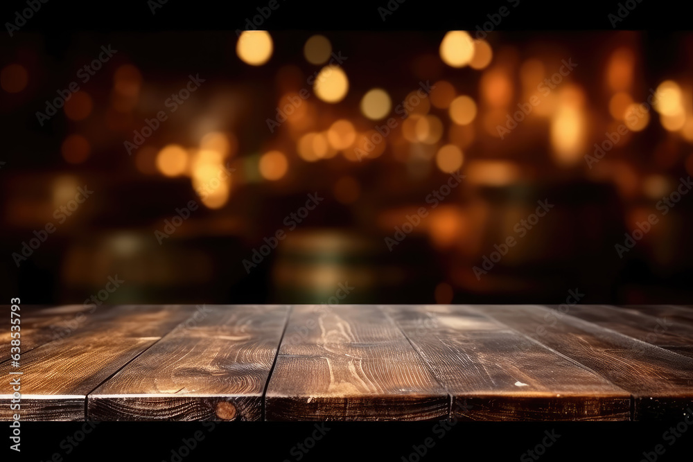 Empty wooden table and blurred background of bar with bokeh lights - obrazy, fototapety, plakaty 