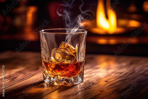 Glass of whiskey with ice on a wooden table in a bar