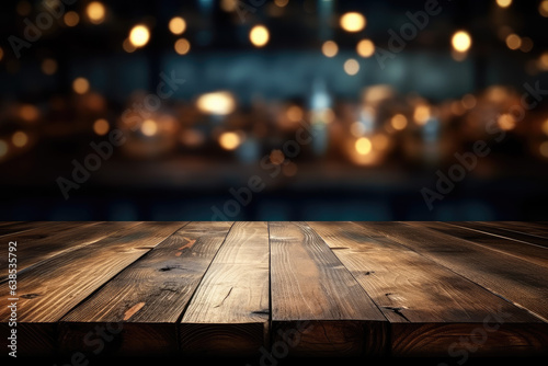 Empty wooden table and blurred background of bar with bokeh lights