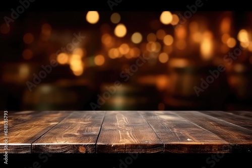 Empty wooden table and blurred background of bar with bokeh lights © Kitta