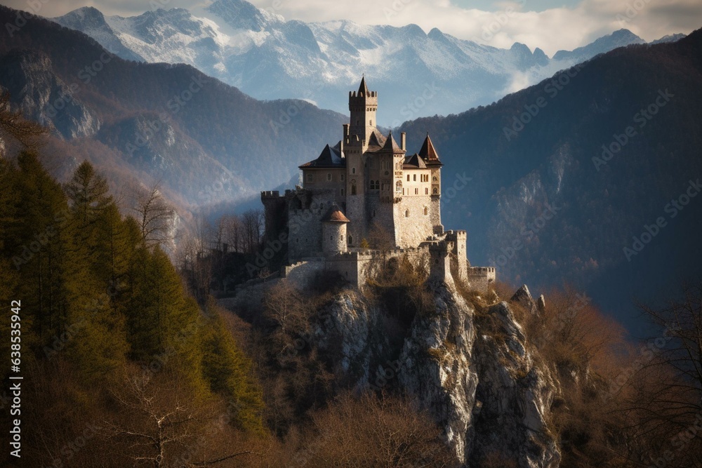 Impressive castle on a regal mountain peak. Generative AI