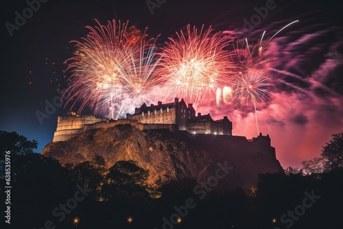 Edinburgh castle lit up with vibrant fireworks. Generative AI