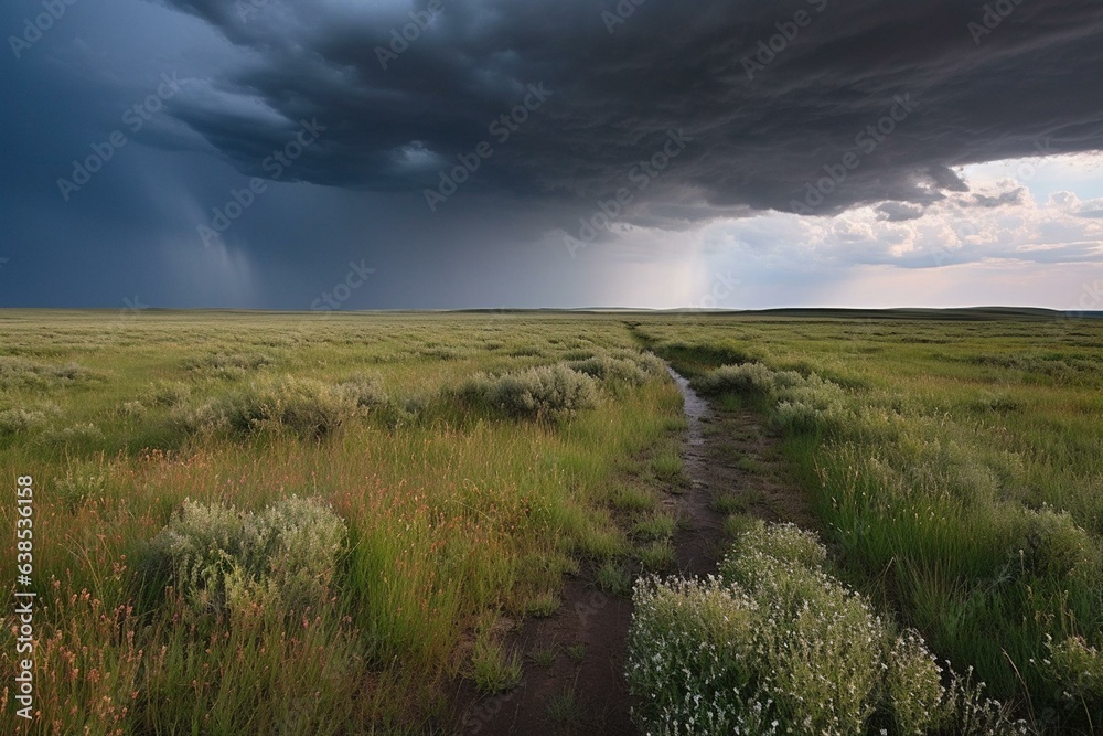 Expansive prairie scene vanishing into the distant horizon beneath dramatic stormy skies. Generative AI