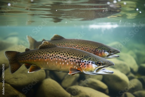 Close-up of two trouts swimming in clear mountain lake water. Generative AI