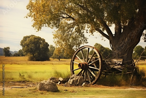 Serene rural scene with charming old wagon wheel. Generative AI