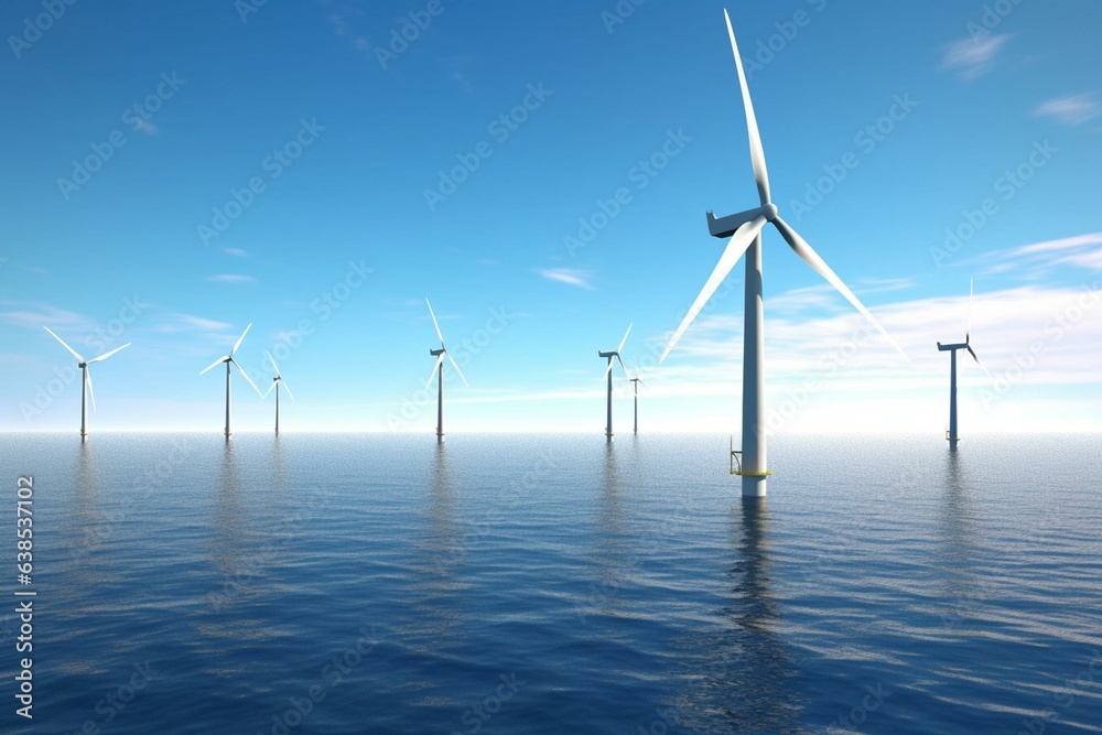 Offshore wind turbines on ocean, sustainable energy, clean power. 8k ultra HD. 3d rendering. Generative AI