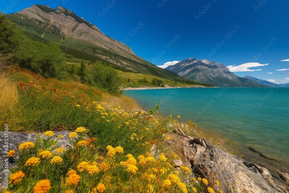 Beautiful summer scenery in the Canadian Rockies at Waterton Lakes National Park, Alberta, Canada. Generative AI