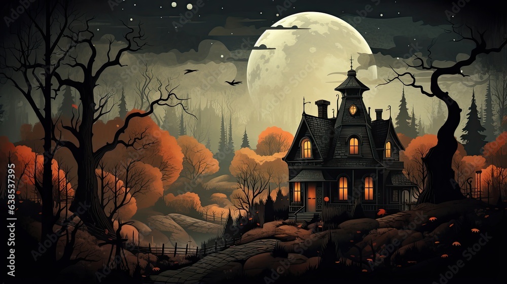 Vintage Haunted House Halloween: Nostalgic Spookiness, Generative AI