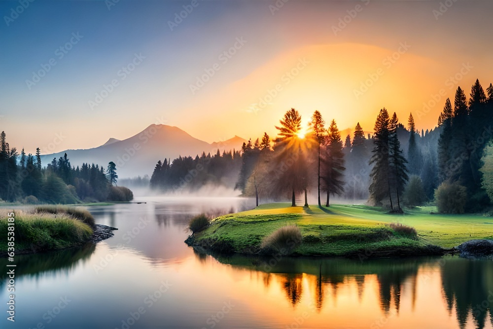 beautiful landscape over the lack at sunrise generated by AI tool