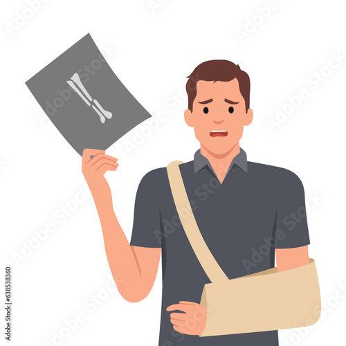 Young man who injured his arm hand. Broken arm on x ray and recovering with cast. Bone fracture treatment. Flat vector illustration isolated on white background