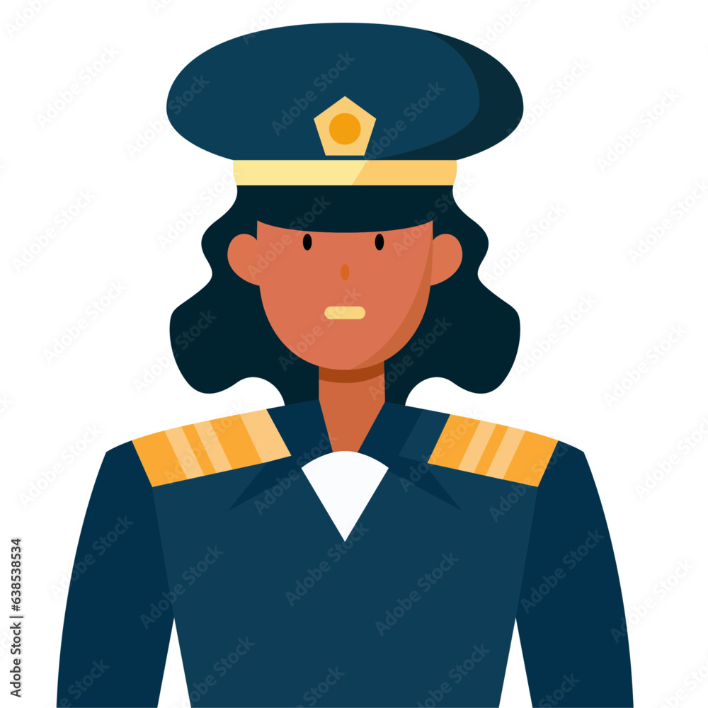 Female Commanding officer, flat style vector illustration, Military commanding officer wearing a hat and badges, flat style stock vector image