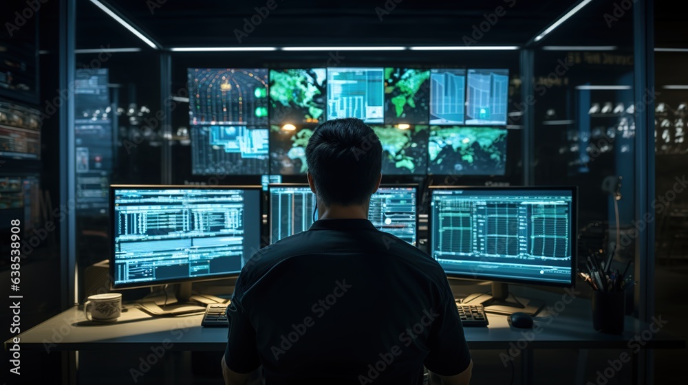 Rear view of an IT specialist programmer sitting in front of a computer screen in a data center. Ai design Rear view of an IT specialist programmer sitting in front of a computer screen in a data center. Ai design