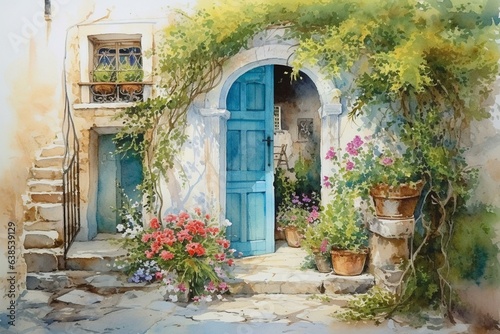 An artful depiction of a garden door in Bodrum, Turkey, painted with watercolors on a vintage paper. Generative AI © Ronnie