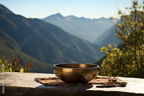 Relaxing against scenic backdrop with a Tibetan singing bowl. Generative AI