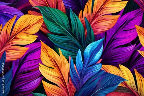 Vibrant seamless pattern of tropical leaves in bright colors, ideal for a colorful backdrop. Generative AI