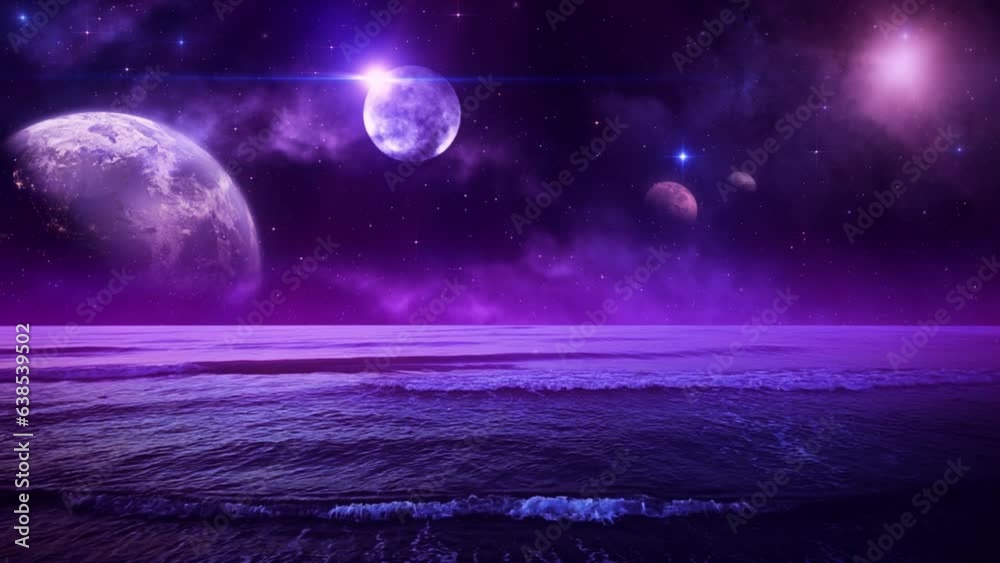 View of Space Planets from an Alien Sea Shore - Loop Fantasy Landscape Background