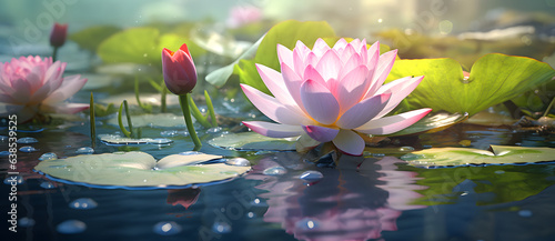 two pink waterlilies sit on top of lily pads