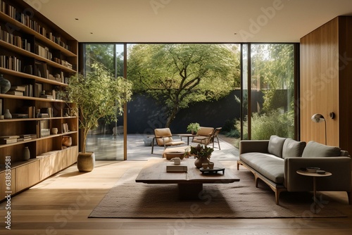 An unfurnished living room featuring a bespoke oak bookcase, integrated kitchen, and a connected terrace with sliding doors. Generative AI © Lea