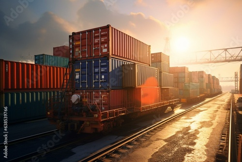 Containers unloaded from ship at port, transported via freight train leaving port. Generative AI