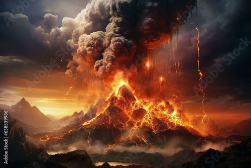 Fotobehang A volcanic eruption spewing molten rock and ash. Generative AI