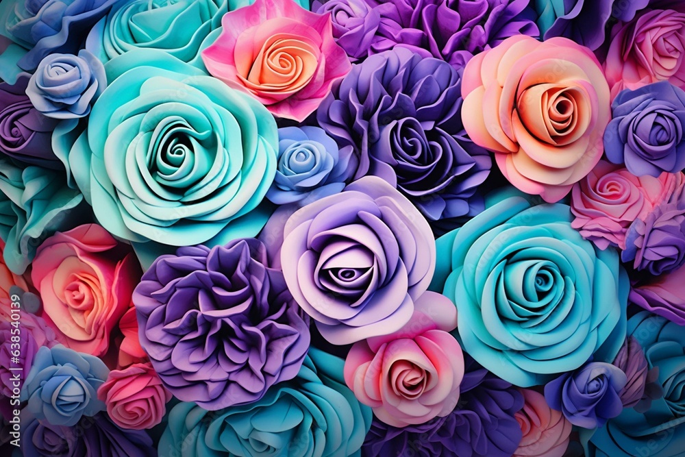 Colorful backdrop with aqua, purple, and pink roses. Digitally created floral wallpaper. Generative AI