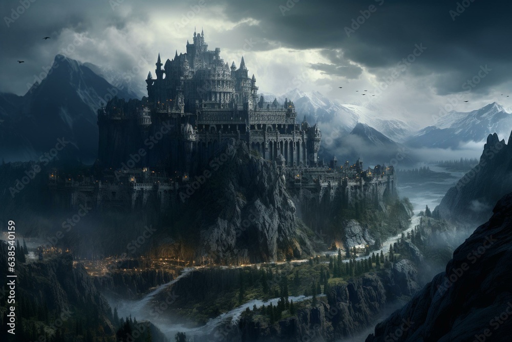 An impressive mountain fortress in a fantastical setting with cloudy skies. Generative AI
