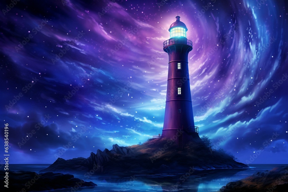 Digital illustration of a futuristic tall lighthouse beneath the starry night sky. Generative AI