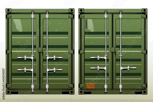 Illustration of storage transportation containers. Green cargo container with scratched surface, featuring open and closed doors. Generative AI