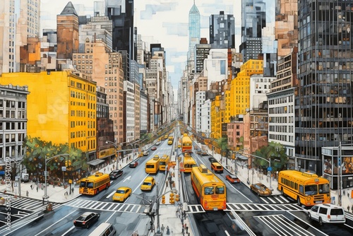 Aerial perspective of NYC buildings, cityscape, traffic, yellow cabs, infrastructure. Generative AI