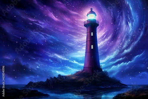 Digital illustration of a futuristic tall lighthouse beneath the starry night sky. Generative AI