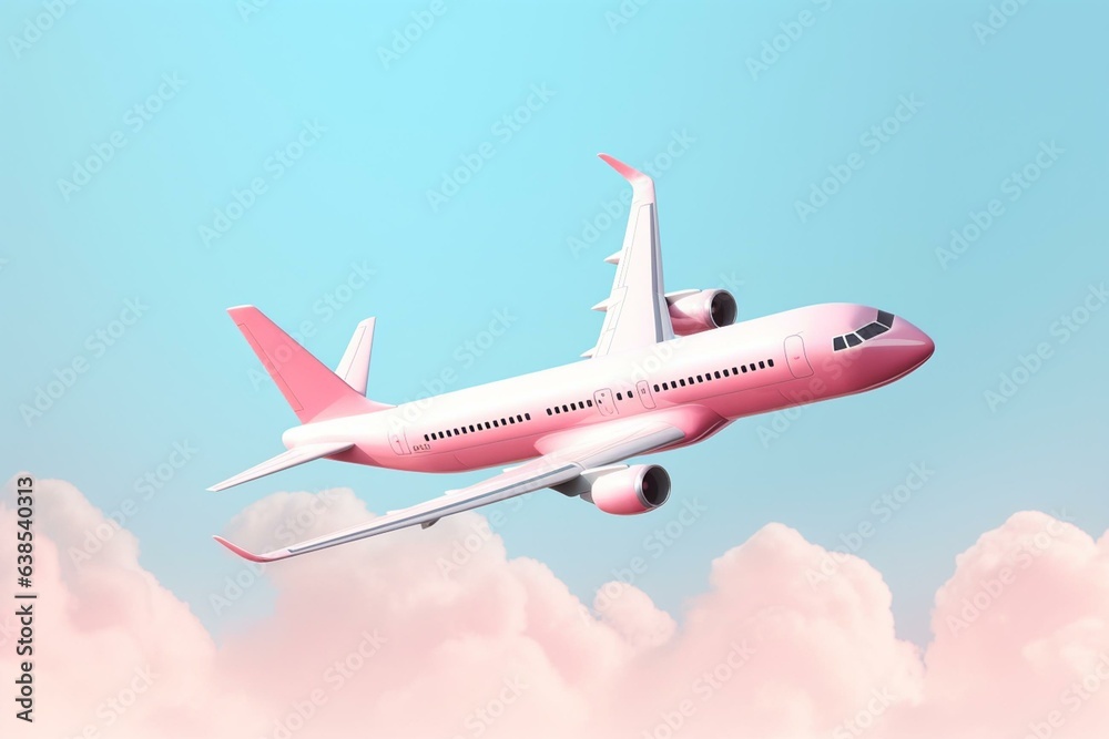Pastel airplane flies over pink and blue background. Generative AI