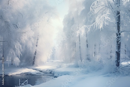 A snowy winter scene with frosty trees. Generative AI