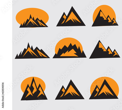 Set of various vector mountains on the sunset background. Mountain icons  logo design elements and logotype templates isolated on white background