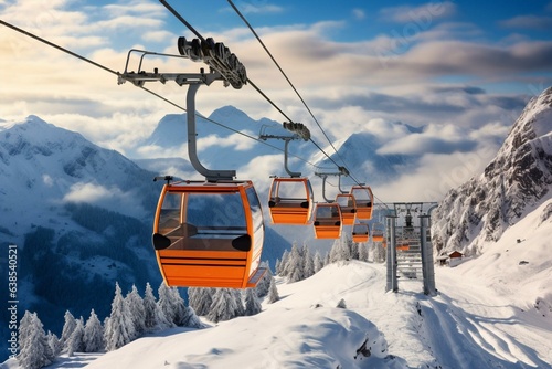 Stunning winter scenery with an deserted orange ski lift amid snow-covered mountains perfect for winter sports. Generative AI