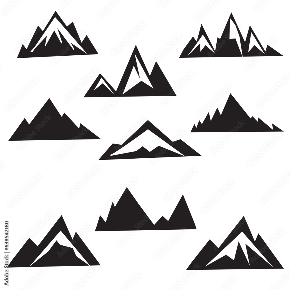 Mountain icon set vector, mountain symbol collection design in white background Set of various vector mountains on the sunset background. Mountain icons, logo design elements