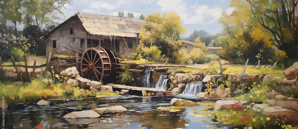 painting of an old mill and stream with a wooden structure