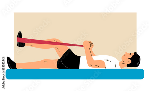 Man doing exercises. Elastic tourniquet. Sport, therapy and recovery. Flat vector illustration