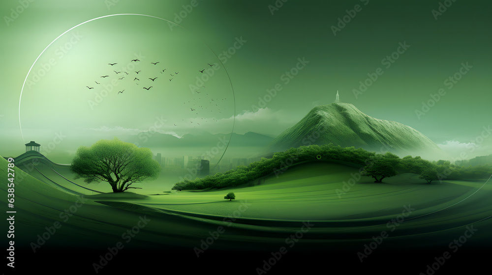 a green landscape with mountains trees and birds flying around it