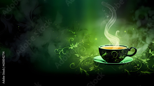 a cup of tea is shown with swirling green
