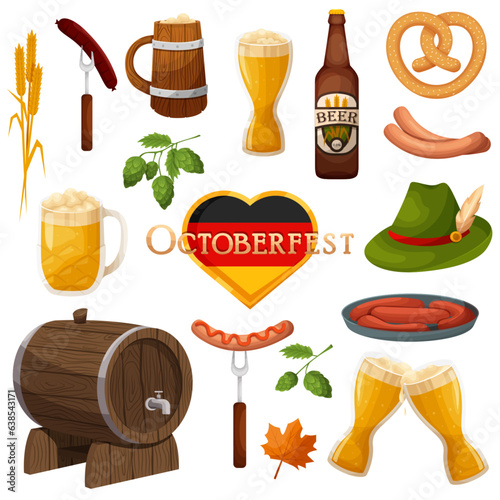 oktoberfest set, Bavarian sausages, beer mug, beer vat, hat, hops