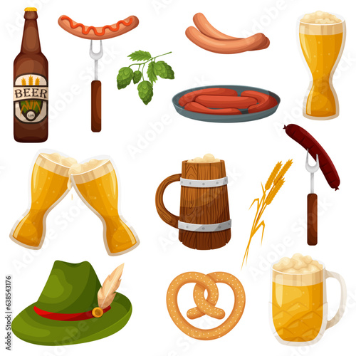 oktoberfest set, Bavarian sausages, beer mug, beer vat, hat, hops