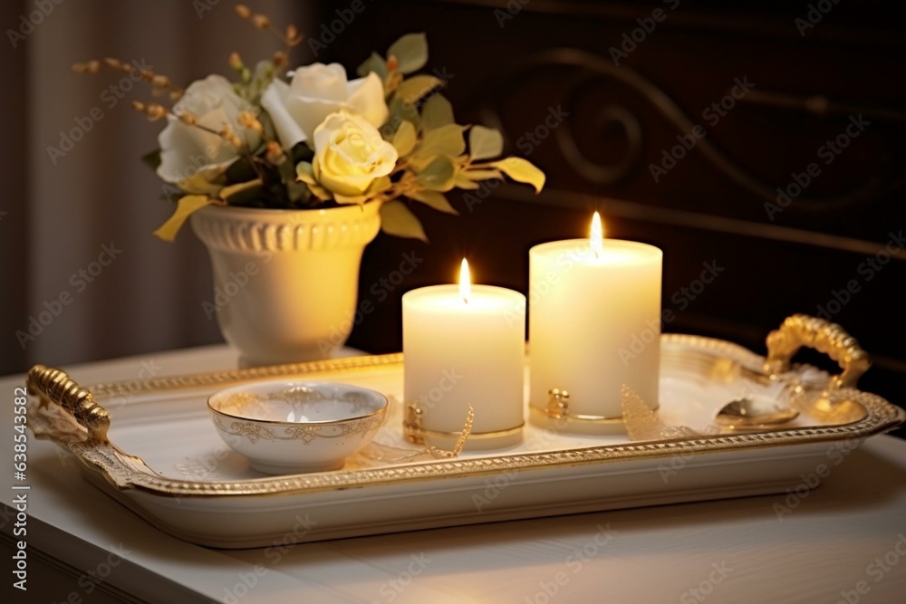 Elegant white tray decor, candlelit home interior adornment. Generative AI