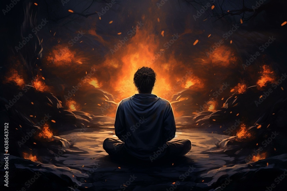 A person in a meditative yoga pose, viewed from the back, surrounded by fires in the dark. Generative AI