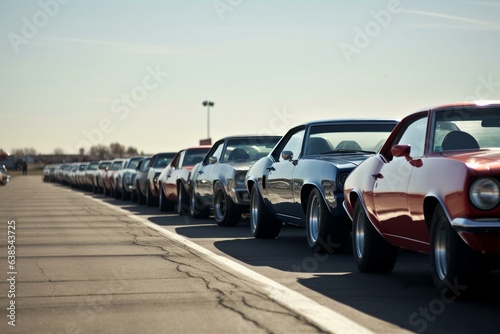 Cars lining up for drag race. Generative AI © Lea