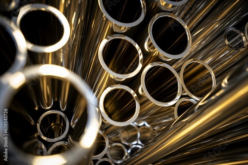 Detailed view of various modern metallic cylindrical tubes within a warehouse. Generative AI